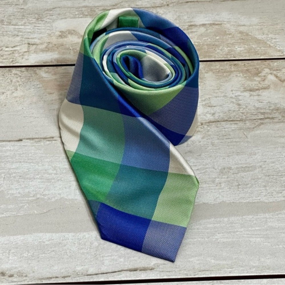 Express Y2K Mens Silk Skinny Tie Spring Summer Green Blue Buffalo Check Easter